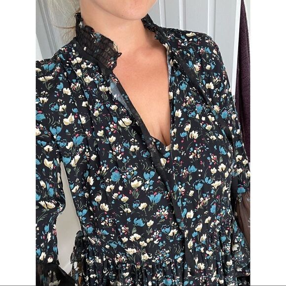 ZARA Floral Printed Lace Mini Long Sleeve Dress with Frills - Picture 6 of 11